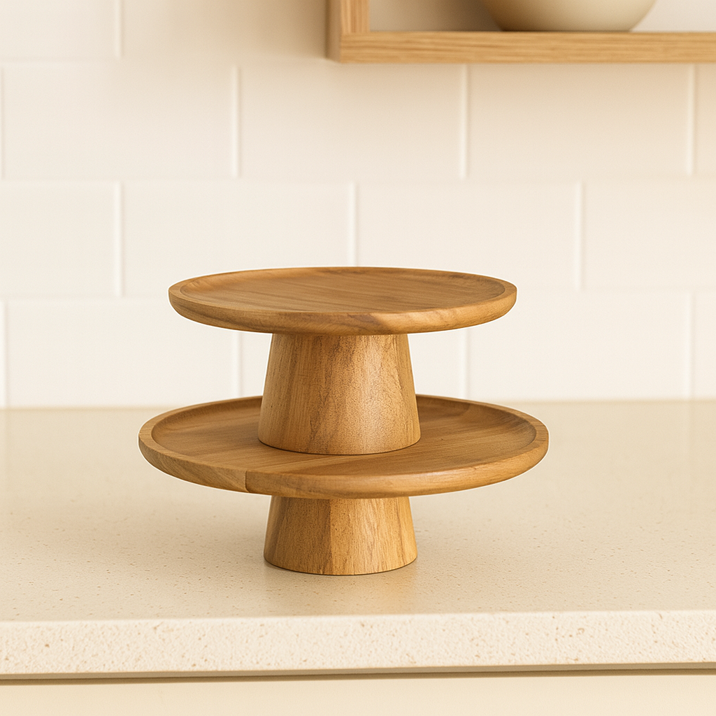 KEMORELA High Stand Wooden Cake Plate Creative Food Serving Trays Eco Natural Wood Dessert Fruit Snack Tray Home Decor