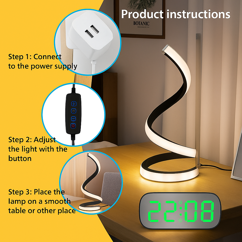 2025 New Modern spiral serpentine desktop LED desk lamp three-speed dimming USB button switch bedroom decorative desk lamp