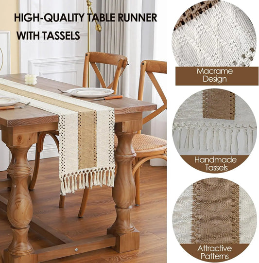 Boho Farmhouse Linen Table Runner with Tassels–Rustic Macrame, Burlap & Cotton Blend for Summer Home Decor and Holiday Events